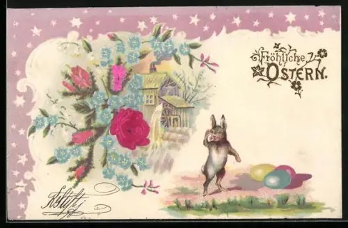 AK Osterhase hält Ausschau nach den Ostereiern auf der Wiese, Fröhliche Ostern!