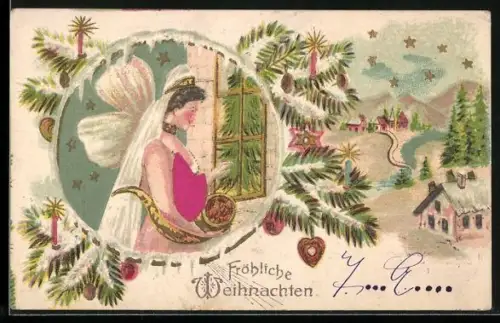 Lithographie Weihnachtsengel mit Füllhorn vor einem Haus