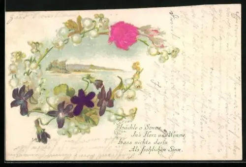 Stoff-Präge-AK Lächle o Sonne, In`s Herz uns Wonne..., Uferlandschaft mit Veilchen