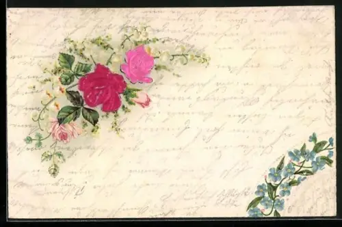 Stoff-Präge-AK Rosen, Maiglöckchen und Vergissmeinnicht