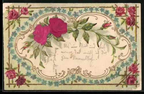 Stoff-Präge-AK Rosenzweig mit Vergissmeinnicht