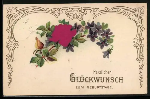 Stoff-Präge-AK Rose mit Veilchen und Ornament, Geburtstagsgruss