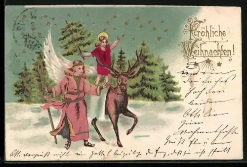 AK Christkind im Gewand aus echtem Stoff und Weihnachtsengel mit Hirsch