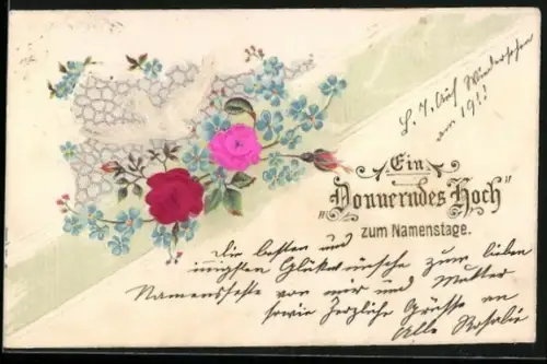 Stoff-Präge-AK Rosen mit Vergissmeinnicht, Glückwunsch zum Namenstag