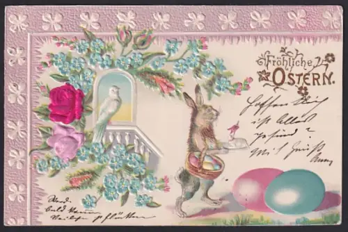 AK Osterhase mit Korb voller Ostereier, Rosen aus Stoff