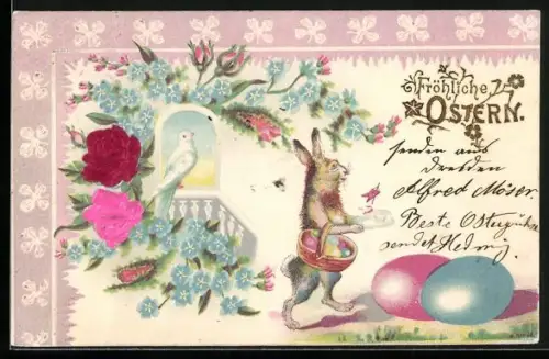 AK Osterhase mit Korb voller Ostereier, Rosen aus Stoff