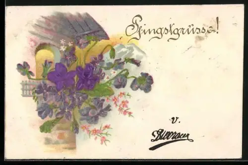Stoff-Präge-AK Turm mit Veilchen, Pfingstgruss