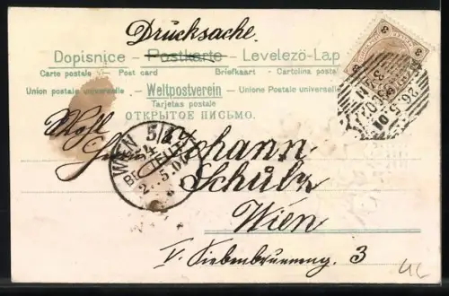 Stoff-Präge-AK Turm mit Veilchen, Pfingstgruss