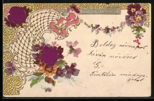 Stoff-Präge-AK Veilchen mit Maiglöckchen