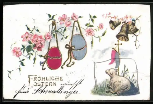 Stoff-Präge-AK Ostern, Lamm, Osterglocken, Blumen, Ostereier