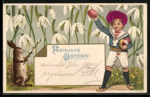 AK Kleiner Matrose und Osterhase wünschen Fröhliche Ostern, Schneeglöckchen