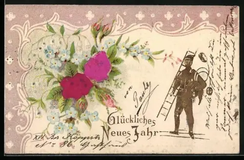 Stoff-Präge-AK Schornsteinfeger mit Rosen und Vergissmeinnicht, Neujahrsgruss