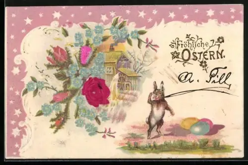 AK Osterhase hält Ausschau nach den Ostereiern auf der Wiese, Fröhliche Ostern!