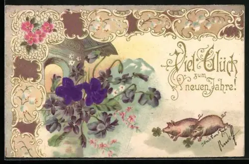 Stoff-Präge-AK Schweine mit Kleeblättern, geprägte Blumen an einem Haus