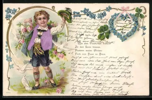 Stoff-Präge-AK Junge in Tracht mit Brieftauben