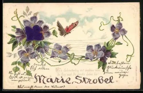 Stoff-Präge-AK Wie`n Schmetterling mit leichtem Sinn, So flieg` auch Du durch`s Leben hin!