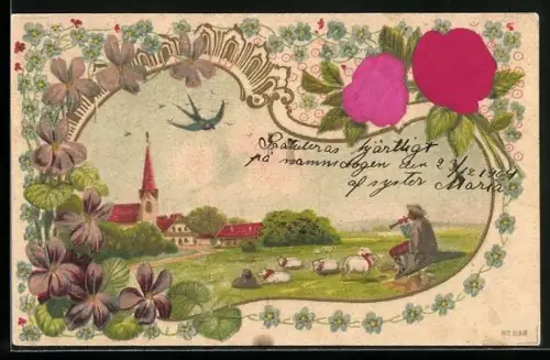 Stoff-Präge-AK Schafhirte an einer Kirche, Rosen, Veilchen und Vergissmeinnicht