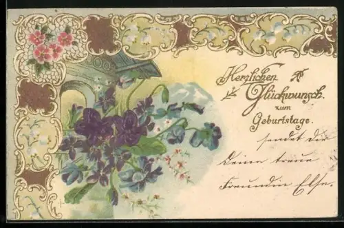 Lithographie Geburtstag, Blumen