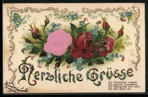 Lithographie Herzliche Grüsse, bunte Rosen mit Vergissmeinnicht