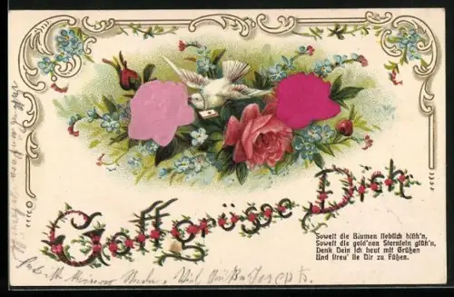 Stoff-Präge-AK Weisse Brieftaube mit Rosen und Vergissmeinnicht