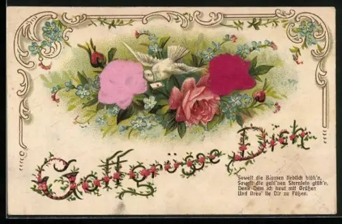 Stoff-Präge-AK Taube zwischen geprägten Rosen, Gott grüsse Dich