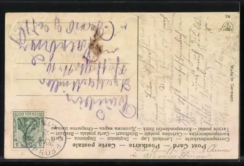 Stoff-Präge-AK Taube zwischen geprägten Rosen, Gott grüsse Dich