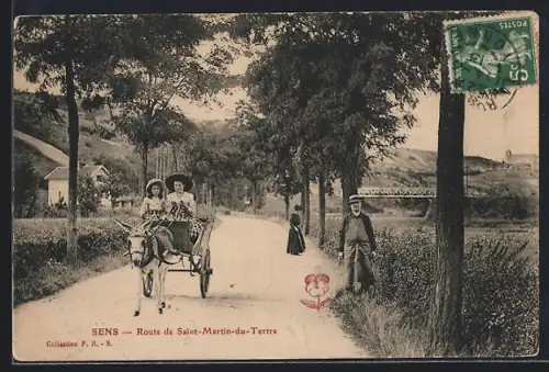 AK Sens, Route de Saint-Martin-du-Tertre avec charrette et paysage rural