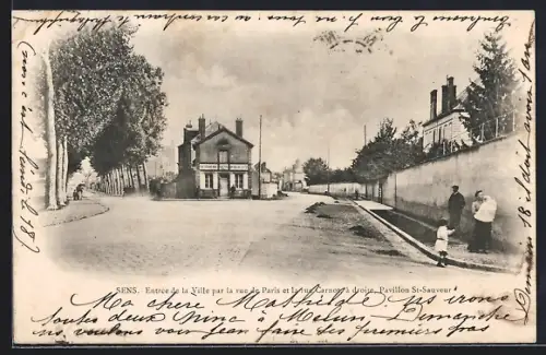AK Sens, Entrée de la ville par la rue de Paris et Lyon, pavillon St-Sauveur