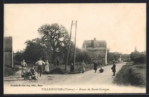 AK Villebougis /Yonne, Route de Saint-Georges animée avec villageois et charrette