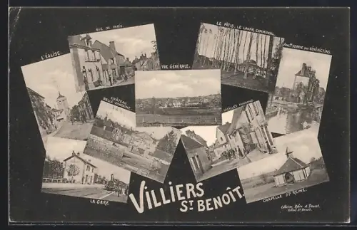 AK Villiers-St-Benoît, Collage des sites emblématiques: église, château, gare, chapelle et vue générale