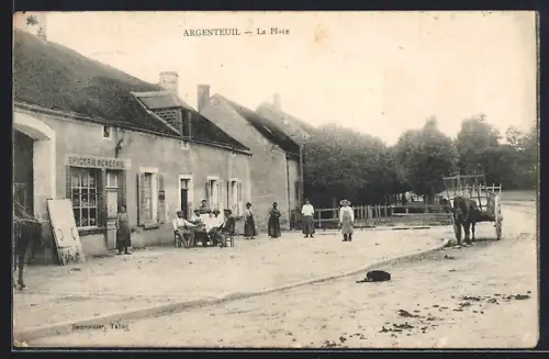 AK Argenteuil, La Place avec des villageois et une charrette à cheval
