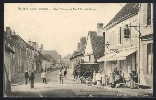 AK Villiers-Saint-Benoît, Place Publique et Rue Marie-Guillemet animées
