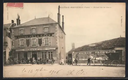 AK Nuits-s.-Ravières /Yonne, Hôtel de la Gare et Maison Tachy avec attelage devant l`hôtel