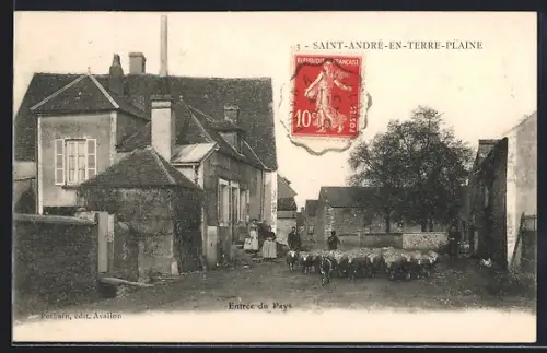 AK Saint-André-en-Terre-Plaine, Entrée du village avec troupeau de moutons dans la rue