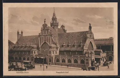 AK Essen, Hauptbahnhof, Aussenansicht, Pferdefuhrwerk