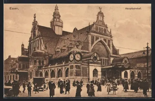 AK Essen, Hauptbahnhof mit Passanten und Auto