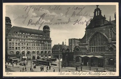 AK Essen, Partie am Bahnhof mit Handelshof und Börse