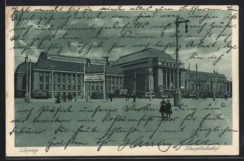 AK Leipzig, Hauptbahnhof mit Strassenbahn