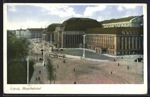 AK Leipzig, Hauptbahnhof mit Strassenbahn