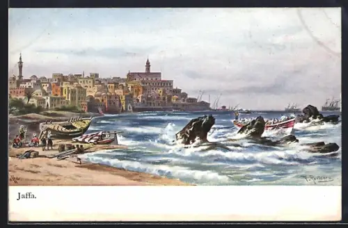 AK Jaffa, Ortsansicht mit Strandmotiv, Boote