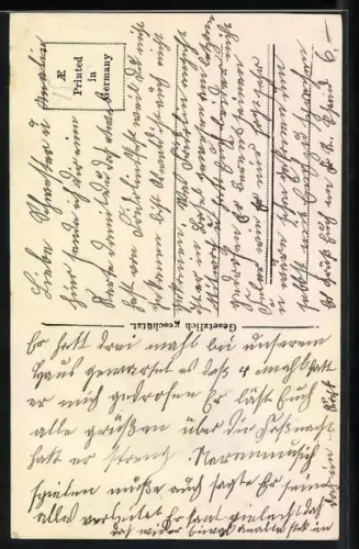 Stoff-Präge-AK Haus und blühender Zweig, Zwei Schwalben mit Herz