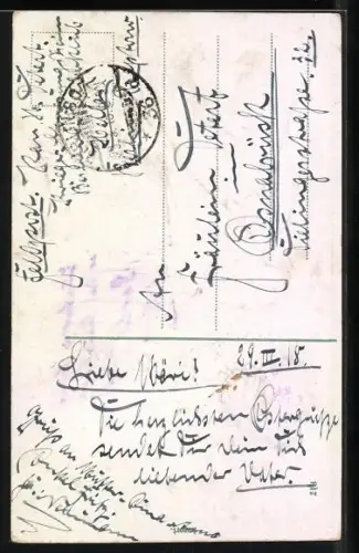 Stoff-Präge-AK Schwalbe mit Herz und Vergissmeinnicht