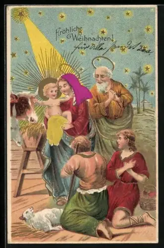 Stoff-Präge-AK Hirten begrüssen den Heiland, Stern über Bethlehem, Fröhliche Weihnachten