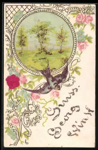 Stoff-Präge-AK Bäume auf einer Wiese mit Schwalbe, Passepartout