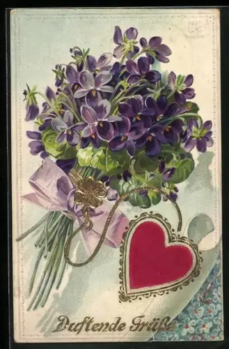 Stoff-Präge-AK Veilchenstrauss mit einem Herz