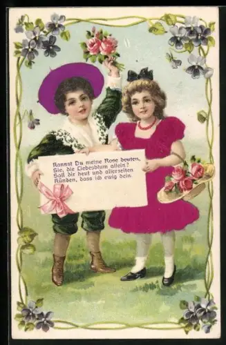 Stoff-Präge-AK Kinderpaar mit Schild und Rosen