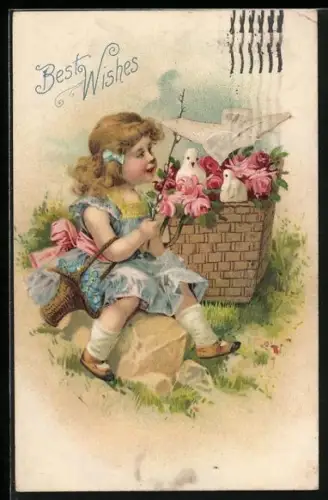 Stoff-Präge-AK Kleines Mädchen mit weissen Tauben