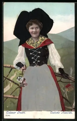 Stoff-Präge-AK Maid in elsass-lothringische Tracht, Rock und Haube aus Echtstoff