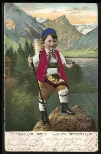 AK Knabe in Appenzeller Tracht beim Bergsteigen, West mit Stoffprägung