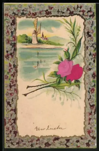 Stoff-Präge-AK blühende Rosen, Windmühle am Seeufer eingerahmt von Blumenblüten
